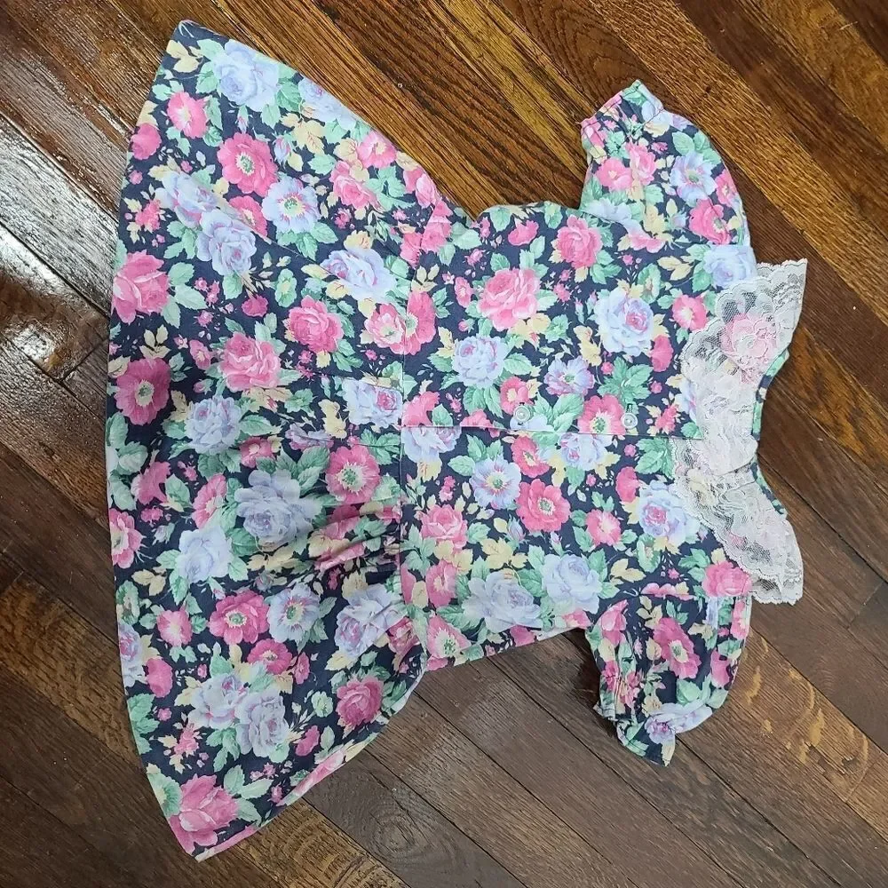 Vintage 80s 90s Girls Pink Colorful Floral Dress White Lace Collar 4T - Picture 4 of 9